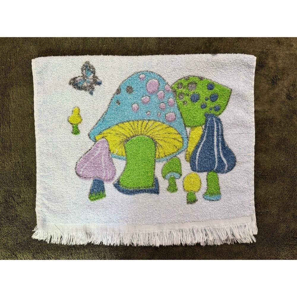 Vintage Mushroom Fringe Hand Towel Retro Cottage core- Rare Blue Color